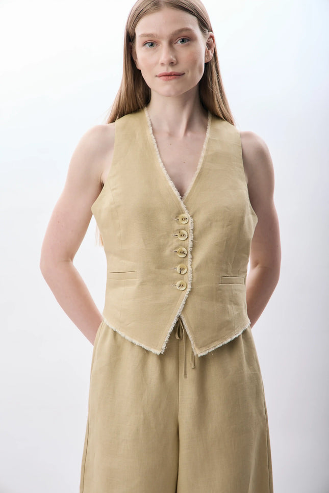 Keten Kolsuz V Yaka Elbise