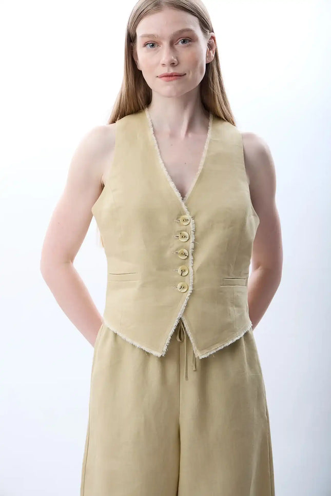 Keten Kolsuz V Yaka Elbise