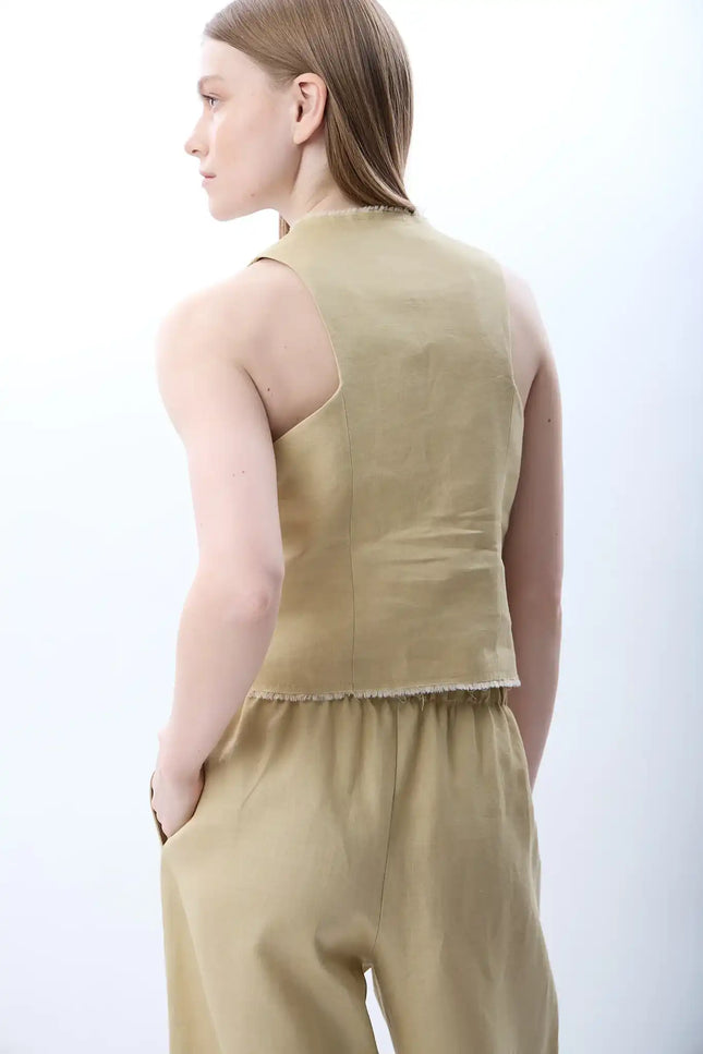 Keten Kolsuz V Yaka Elbise