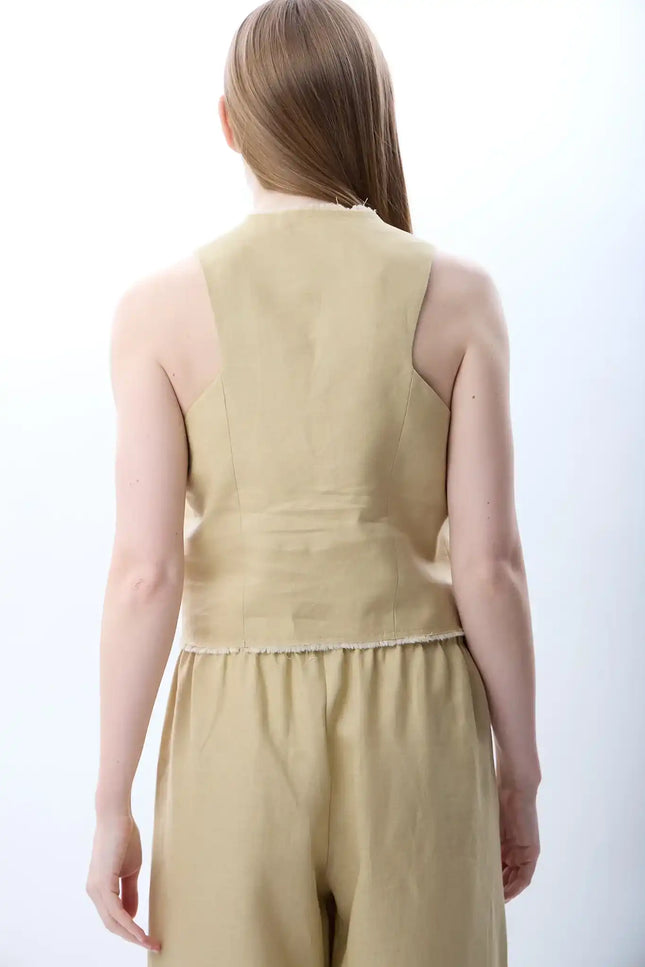 Keten Kolsuz V Yaka Elbise