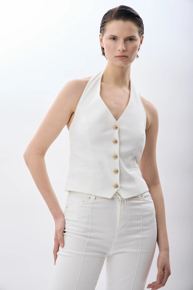 Halter Yaka Düğmeli Yelek (Beyaz)