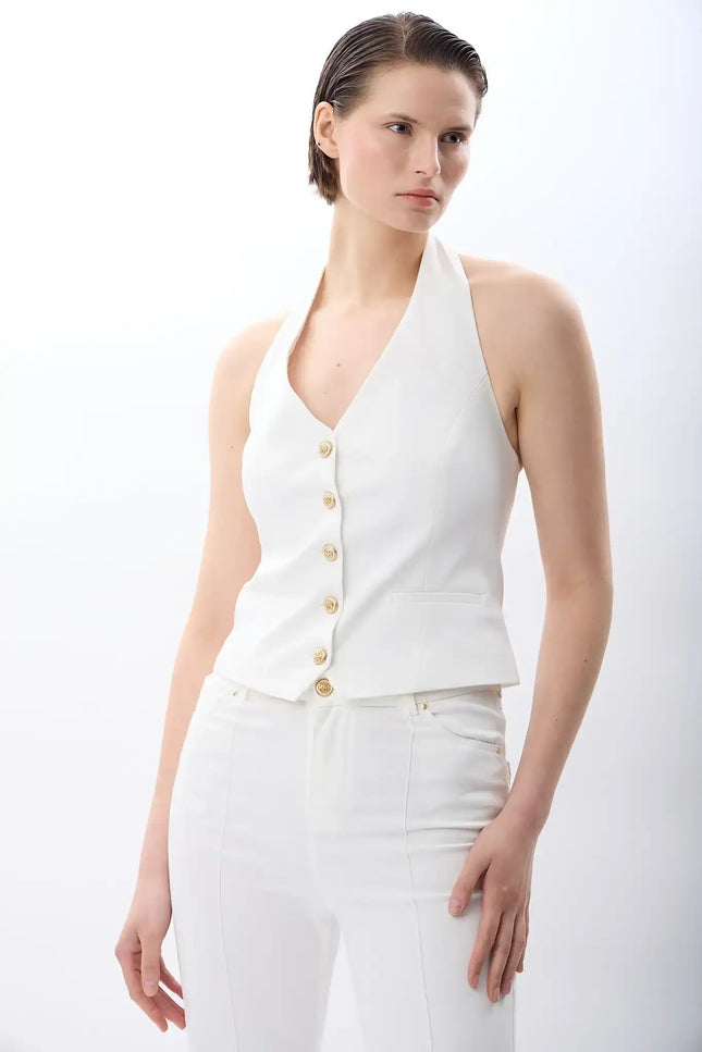 Halter Yaka Düğmeli Yelek (Beyaz)