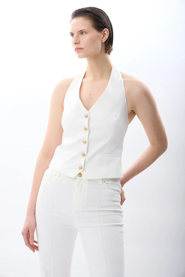 Halter Yaka Düğmeli Yelek (Beyaz)