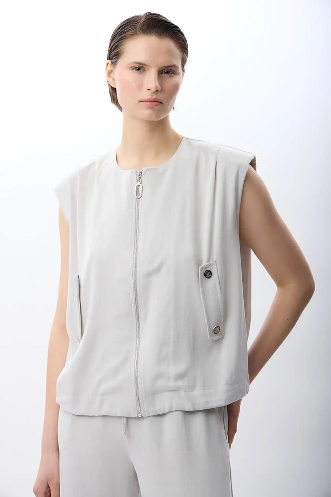 Gri Büzgülü Kısa Yelek