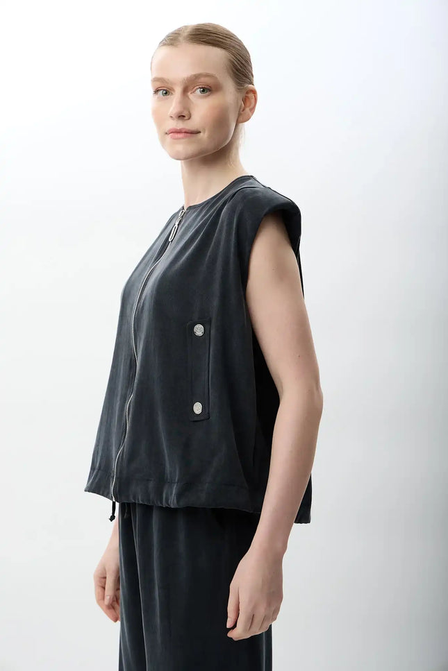 Metal Çıtçıtlı Kısa Yelek (Siyah)