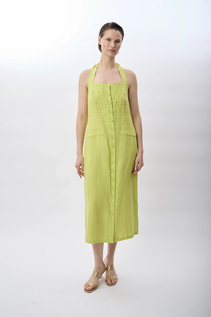 Yeşil Boyundan Bağlamalı Keten Elbise