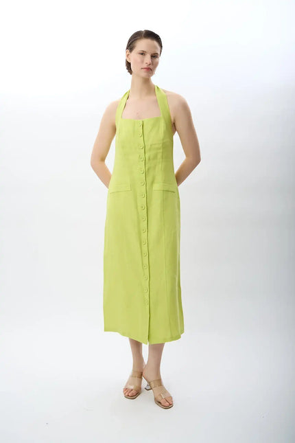 Yeşil Boyundan Bağlamalı Keten Elbise
