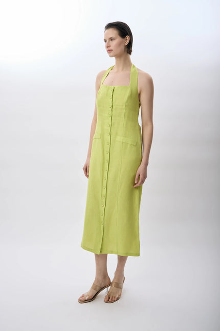 Yeşil Boyundan Bağlamalı Keten Elbise