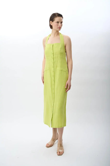 Yeşil Boyundan Bağlamalı Keten Elbise