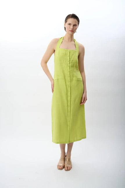Yeşil Boyundan Bağlamalı Keten Elbise