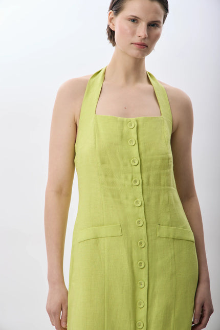 Yeşil Boyundan Bağlamalı Keten Elbise