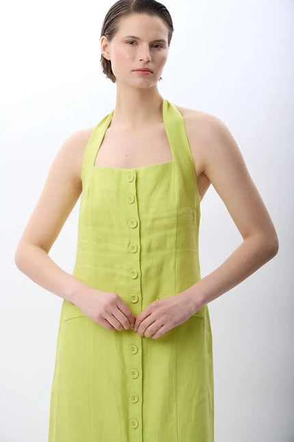 Yeşil Boyundan Bağlamalı Keten Elbise