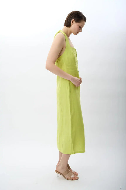 Yeşil Boyundan Bağlamalı Keten Elbise