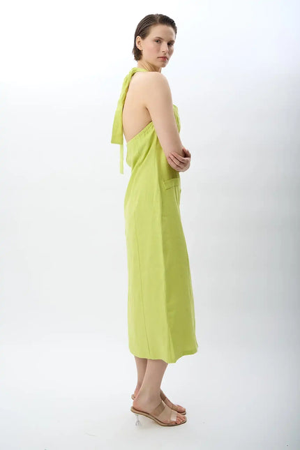 Yeşil Boyundan Bağlamalı Keten Elbise