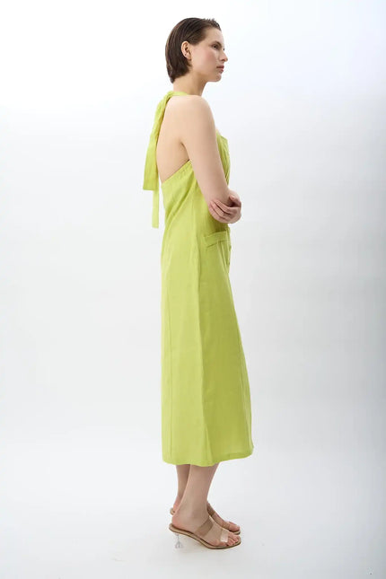 Yeşil Boyundan Bağlamalı Keten Elbise