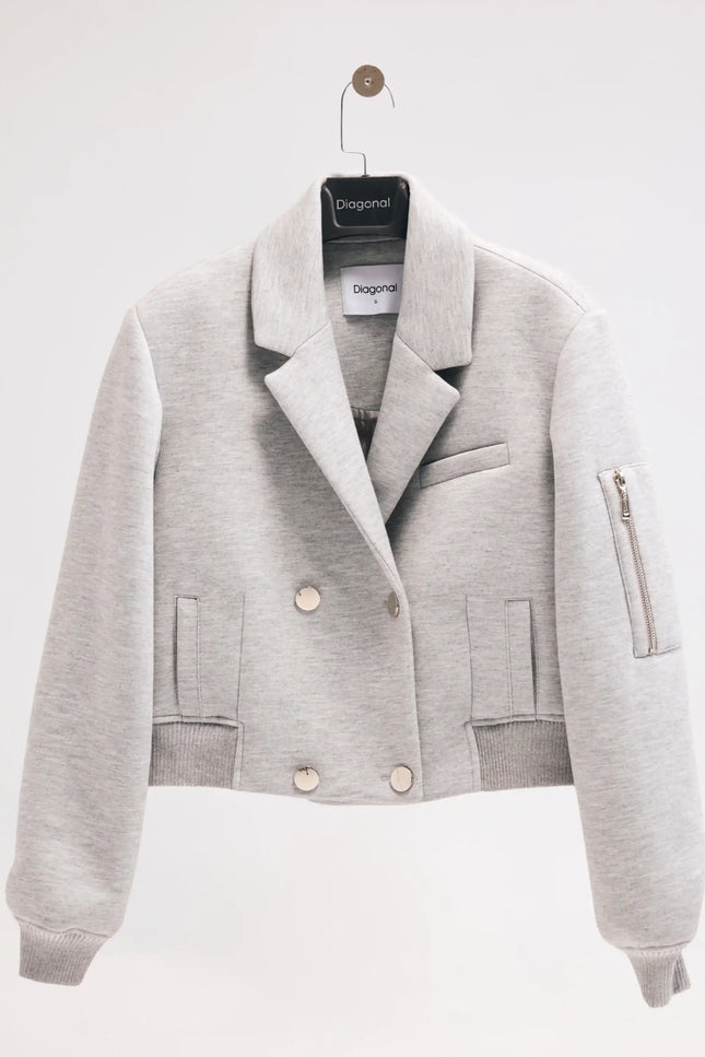 Gri Kruvaze Yaka Bomber Ceket