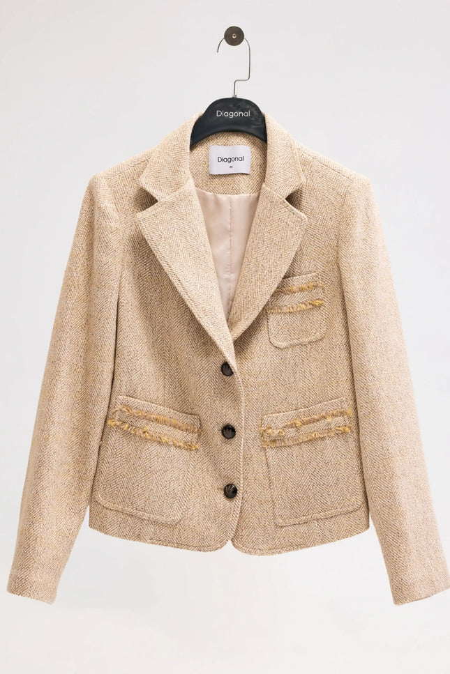 Bej Balıksırtı Desenli Blazer Ceket