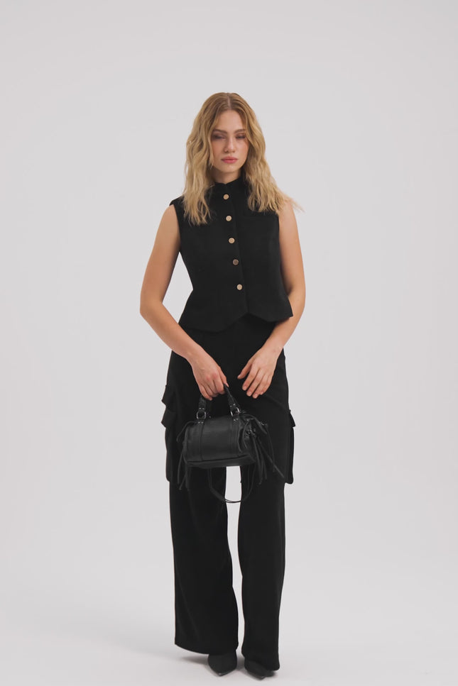 Cep Detay Siyah Yelek