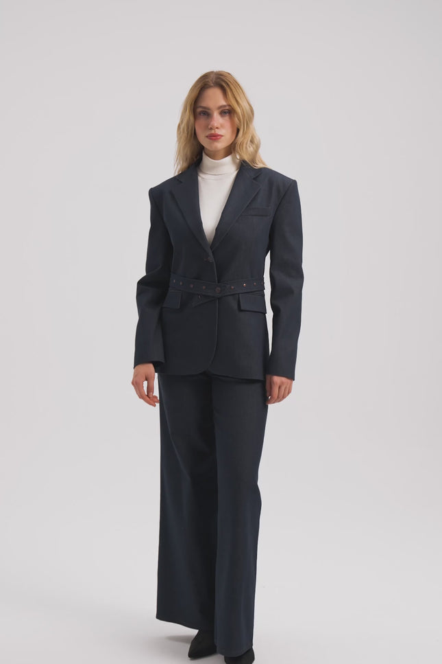 Lacivert Kemerli Blazer Ceket