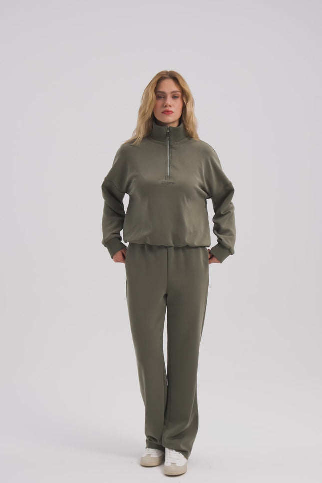 Fermuarlı Haki Sweatshirt