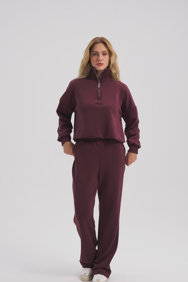 Fermuarlı Bordo Sweatshirt